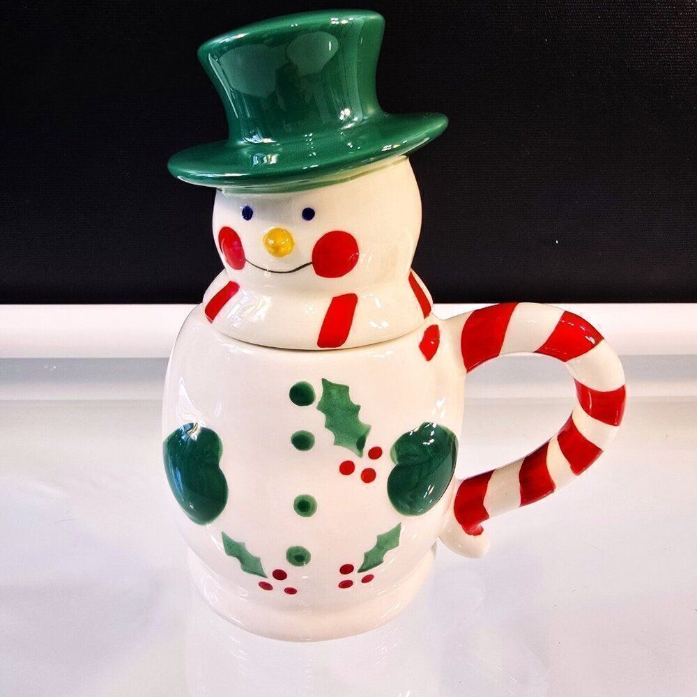 Snowman Mug With Green Hat Lid Temptations Presentable Ovenware By Tara Ceramic